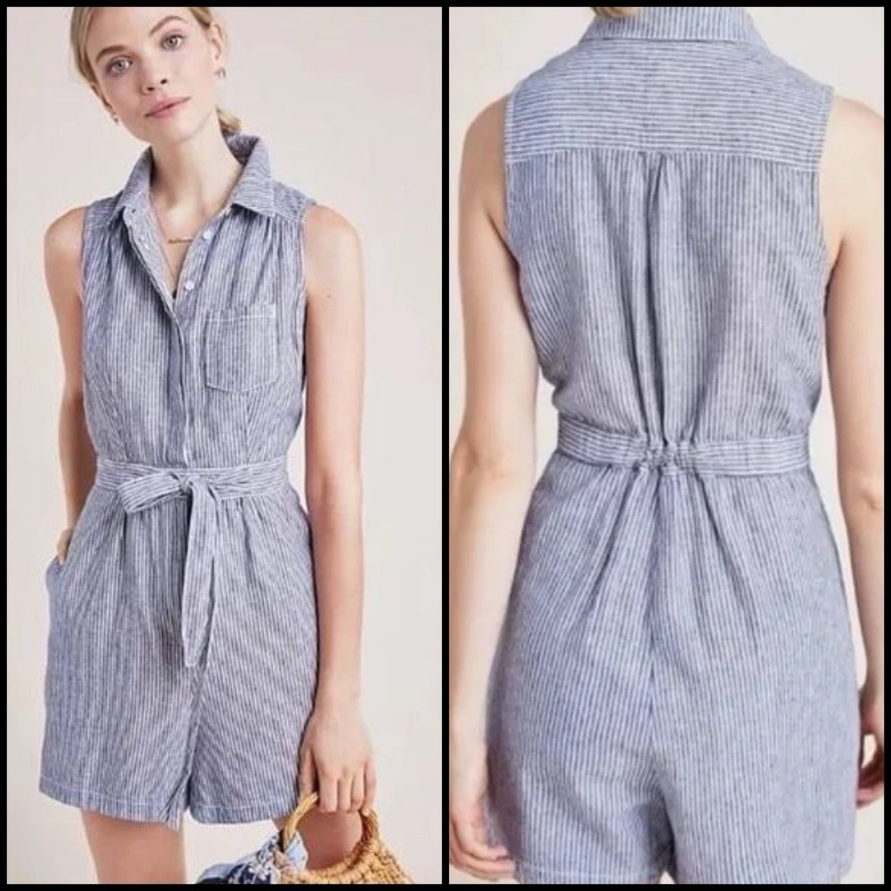 Anthropologie Linen Blend Blue Railroad Striped Sleeveless Romper Playsuit 2
